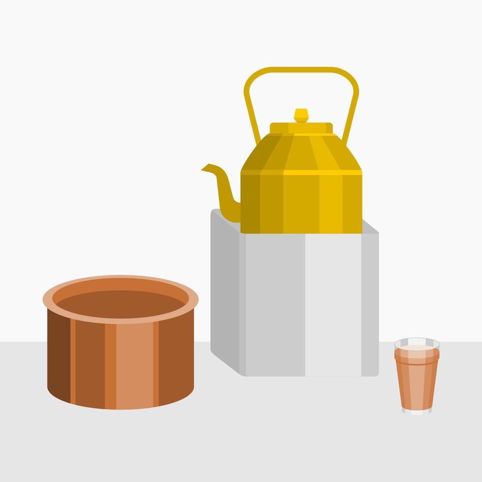 Editable Indian or Pakistani Masala Chai Tea in A Glass Mug with Metal Kettle on Stove and Saucepan Vector Illustration for Artwork Element of Beverages With South Asian Culture and Tradition