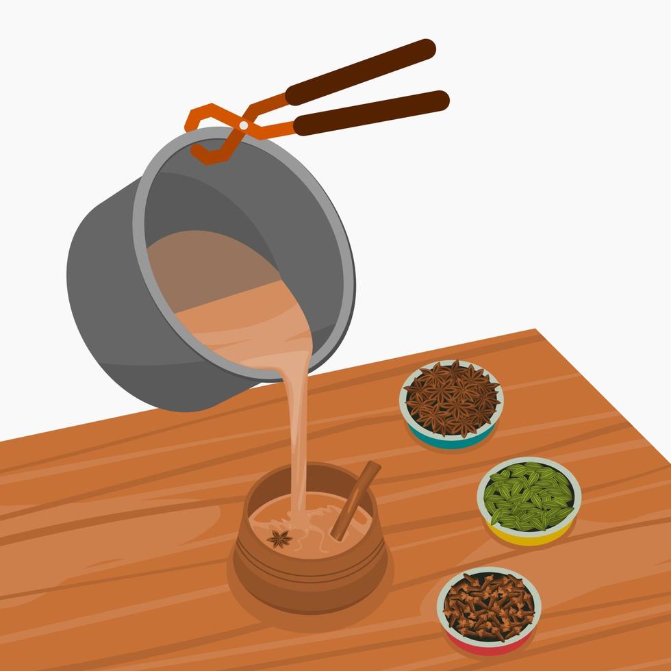 Editable Three-Quarter Top View Vector Illustration of Pouring Masala Chai from Pan into Pottery Cup with Bowls of Herb Spices on Wooden Table for South Asian Culture and Tradition Beverages Concept