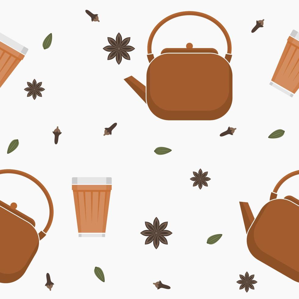 vista lateral editable indio masala chai en tetera y taza de vidrio con una variedad de especias de hierbas ilustración vectorial patrón sin costuras para crear un fondo de bebidas con la cultura y la tradición del sur de asia vector