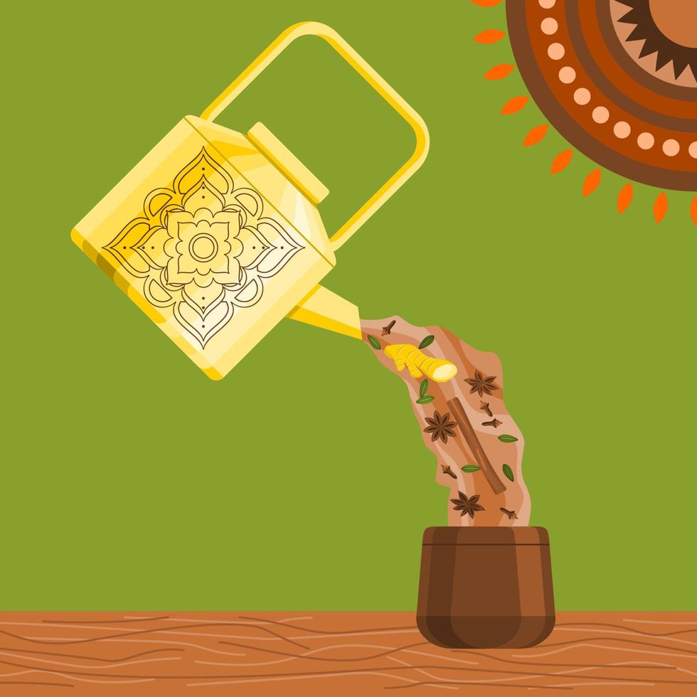 Editable Side View Vector Illustration of Pouring Masala Chai and Its Ingredients from Patterned Metal Kettle into Pottery Cup on Wooden Table with Indian Circle Motif on The Wall Background
