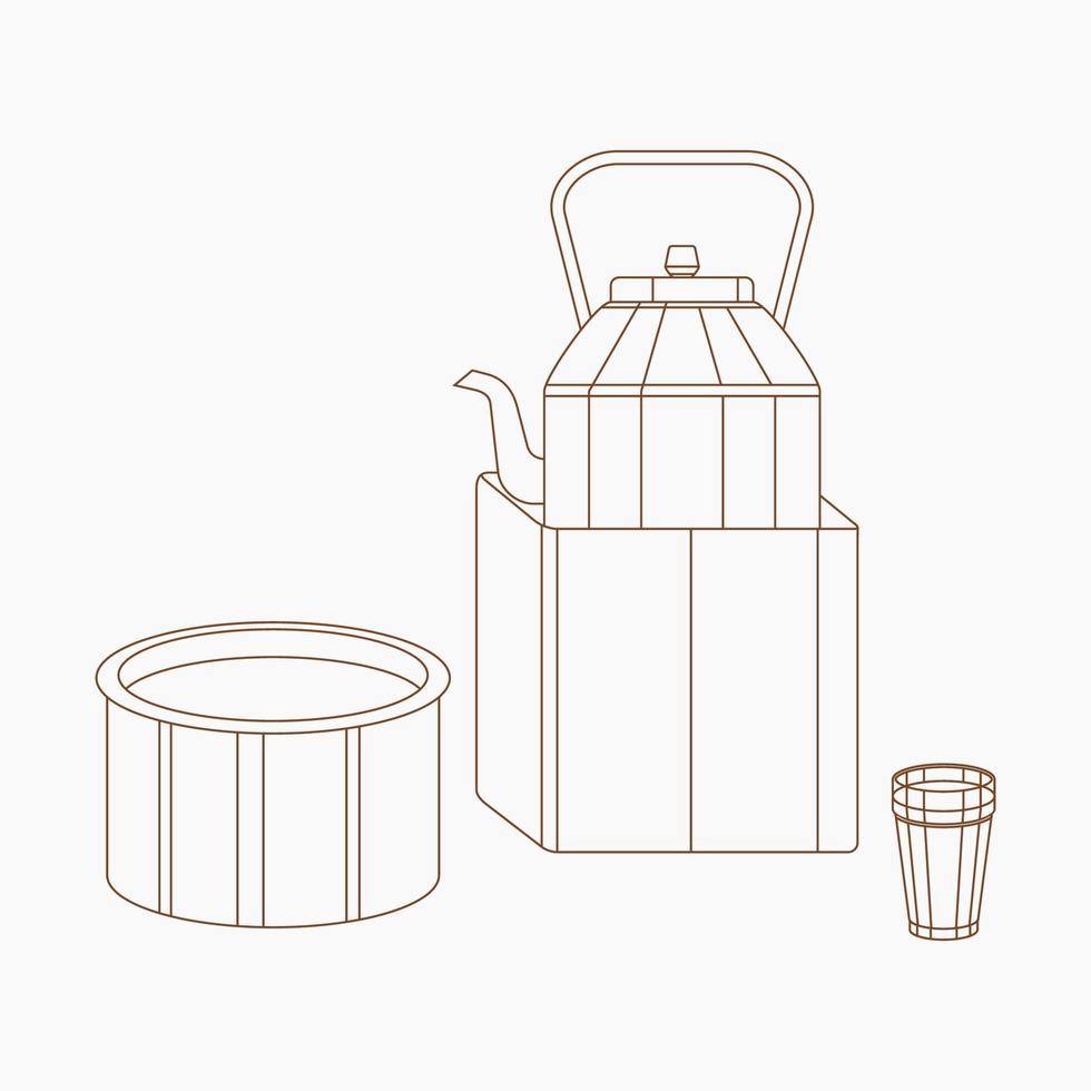 Editable Masala Chai Tea in A Glass Mug with Metal Kettle on Stove and Saucepan Vector Illustration in Outline Style for Artwork Element of Beverages With South Asian Culture and Tradition Design
