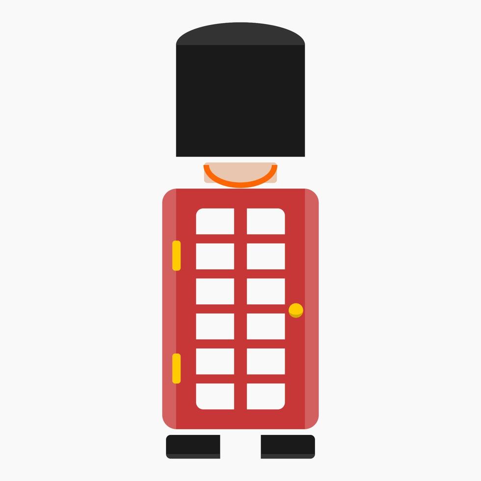 Editable Combination of Front View Typical English Royal Guard and Telephone Booth as Iconic Vector Illustration in Flat Style for England Culture Tradition and History Related Design