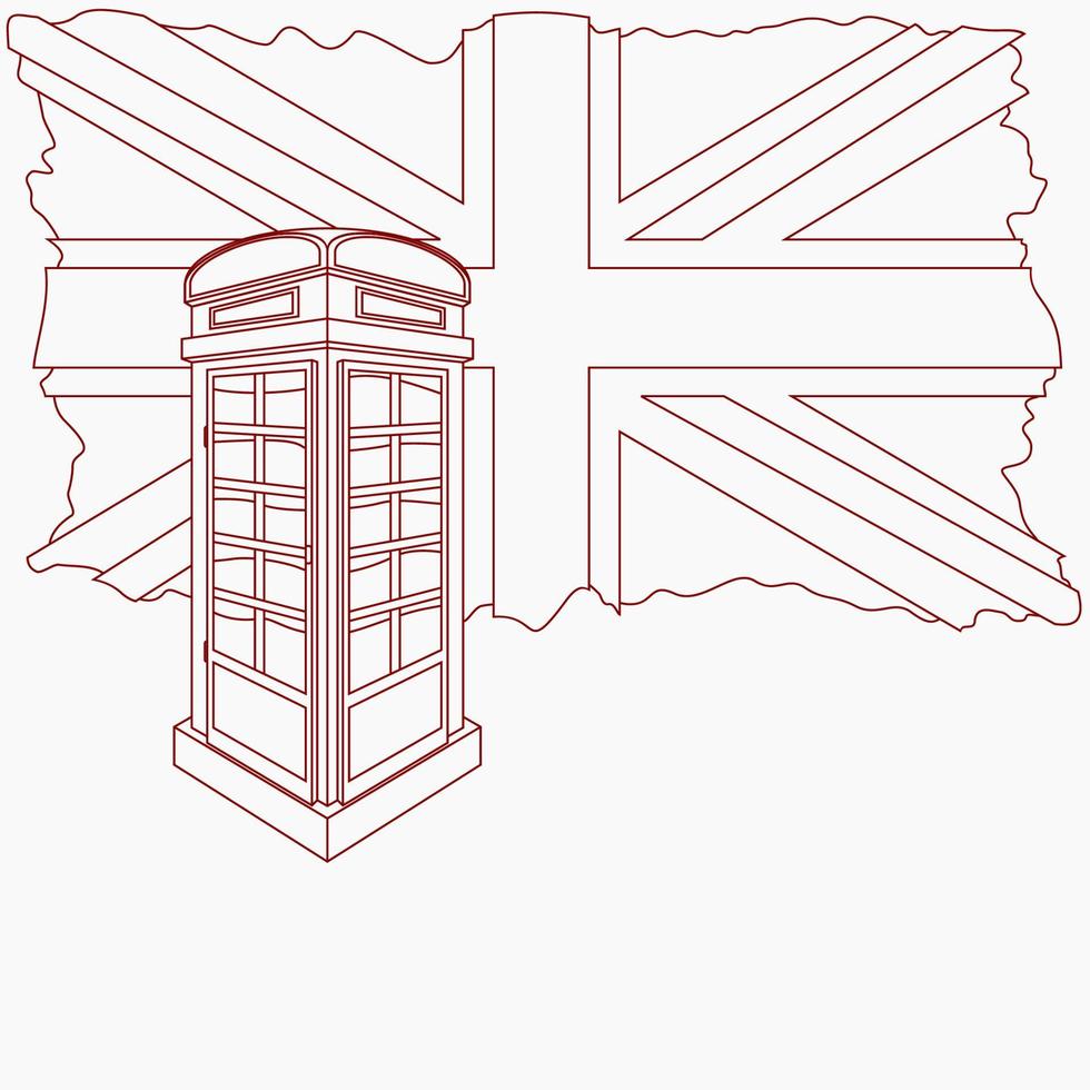 ilustración de vector de cabina telefónica inglesa de estilo de contorno editable con bandera union jack en el fondo para la tradición cultural de inglaterra y el diseño relacionado con la historia