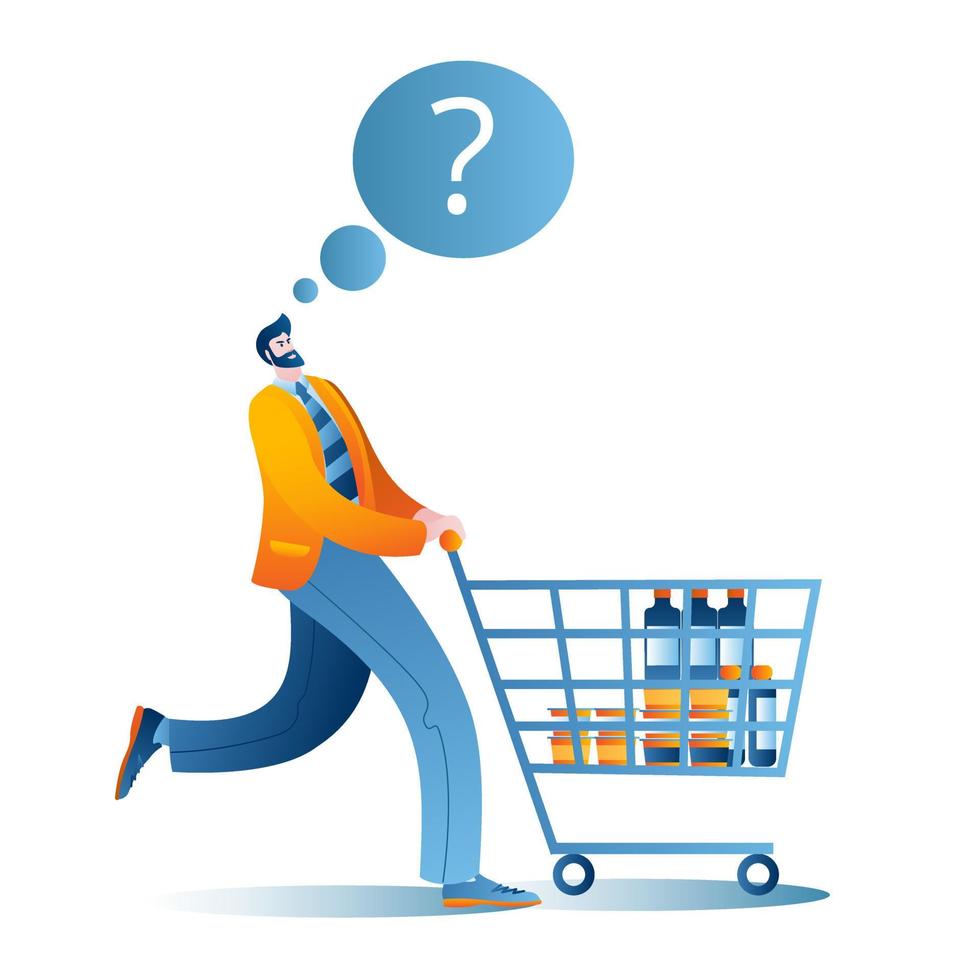 A man goes to the supermarket with a cart. vector