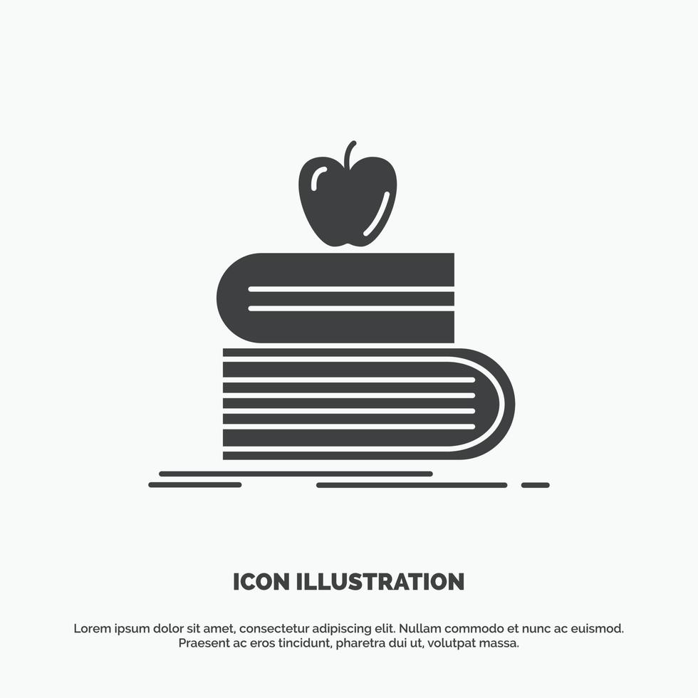 De vuelta a la escuela. escuela. alumno. libros. icono de manzana símbolo gris vectorial de glifo para ui y ux. sitio web o aplicación móvil vector