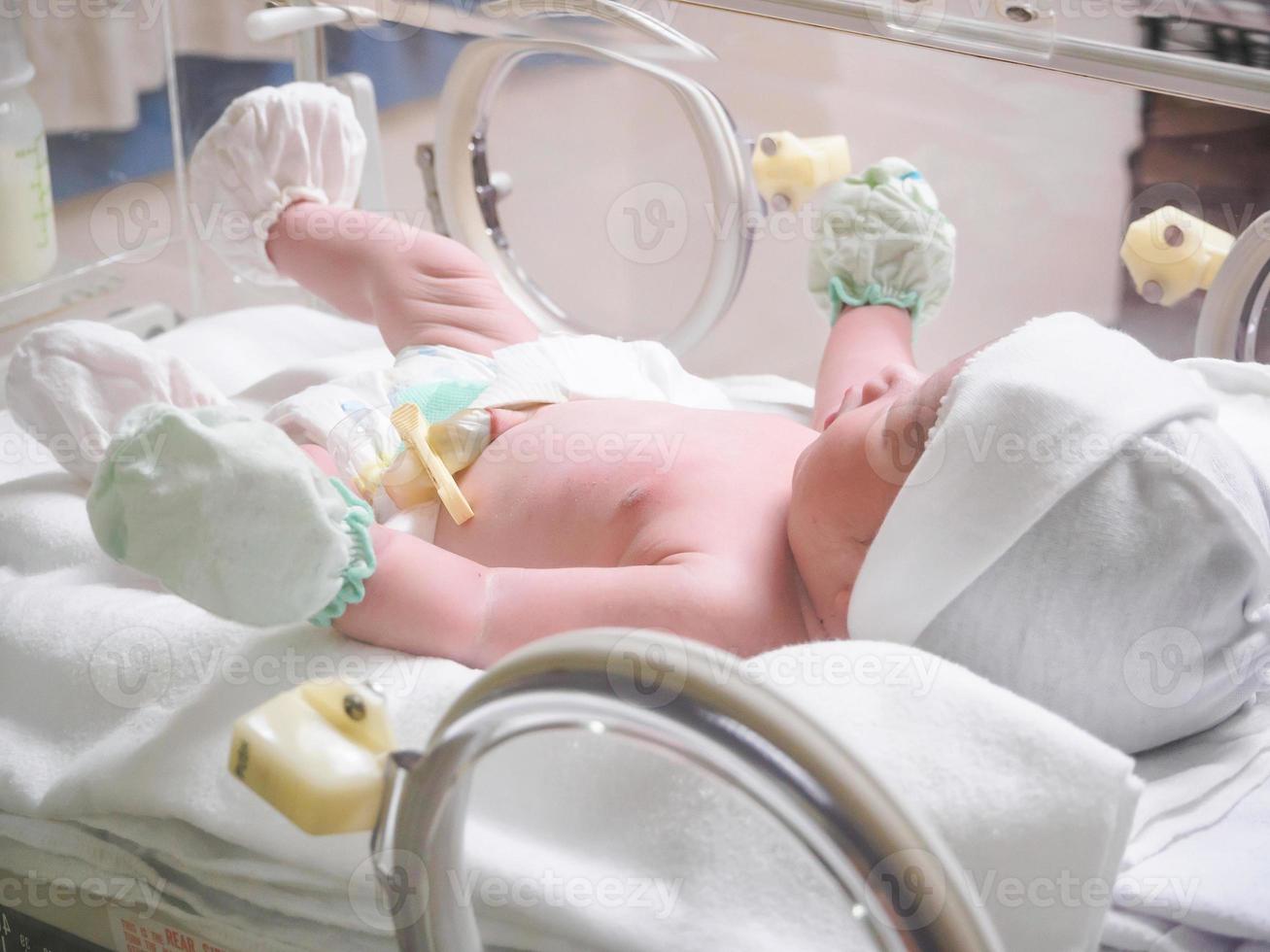 Newborn baby girl inside incubator in hospital post delivery room photo