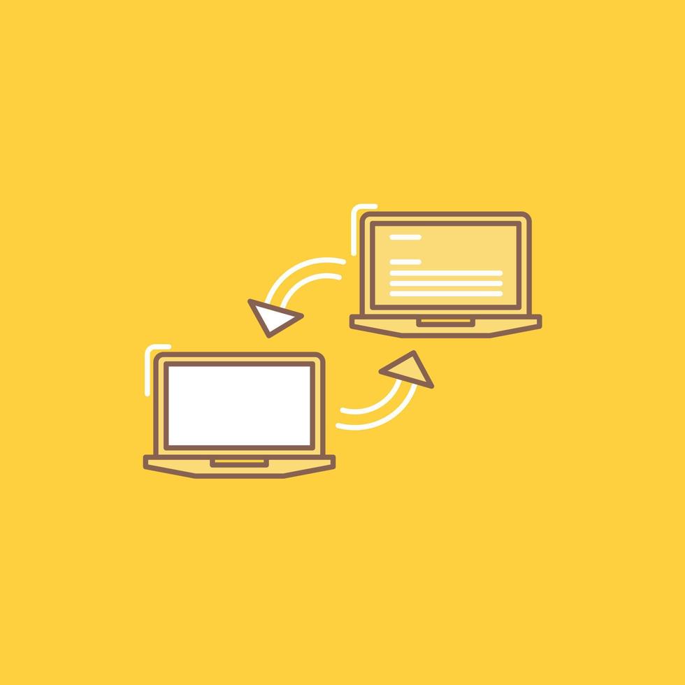 Computer. connection. link. network. sync Flat Line Filled Icon. Beautiful Logo button over yellow background for UI and UX. website or mobile application vector