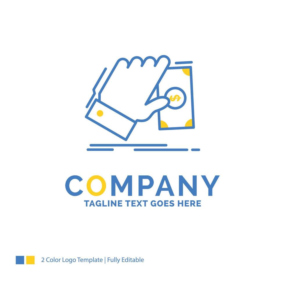 business. hand. money. earn. dollar Blue Yellow Business Logo template. Creative Design Template Place for Tagline. vector