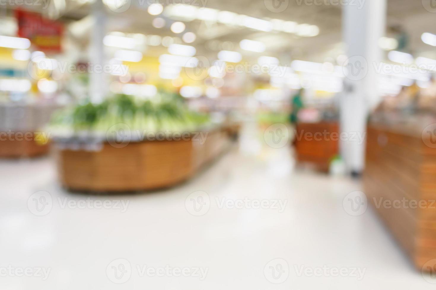 Supermarket with fresh food abstract blurred background with bokeh light photo