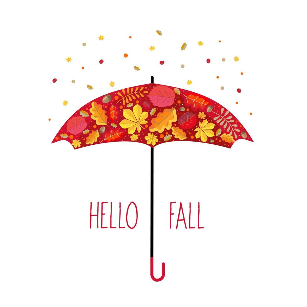 Red umbrella with a leaf pattern. Greeting Hello fall. vector
