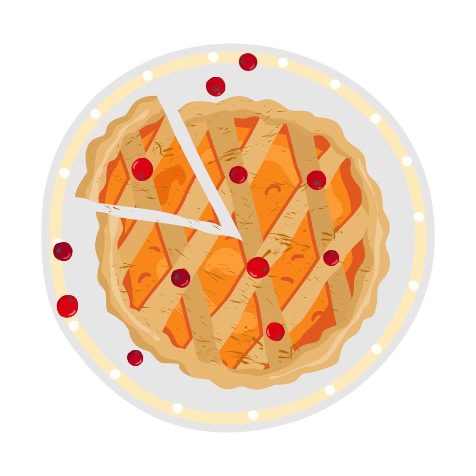 Pumpkin pie with lingonberries and a cut piece on a white plate . vector