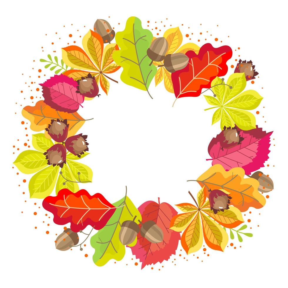 marco redondo de otoño con una inscripción con hojas de color amarillo-rojo brillante de castaño, roble, avellana, fruta de avellana, bellotas. vector