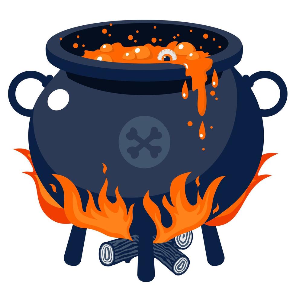 Halloween cauldron with boiling brew on fire. vector