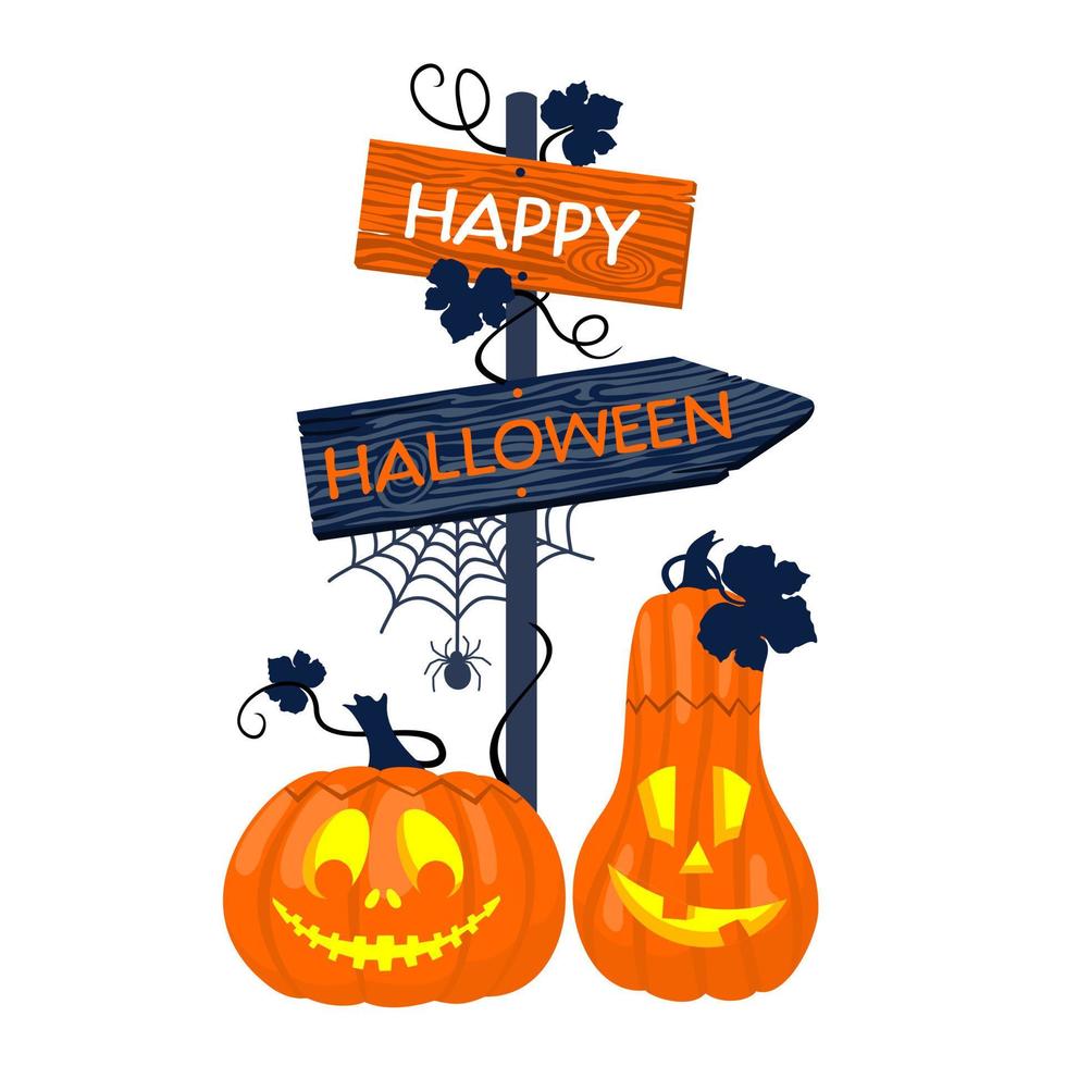 Pumpkin lanterns with a wooden pointer and a HAPPY HALLOWEEN greeting. vector