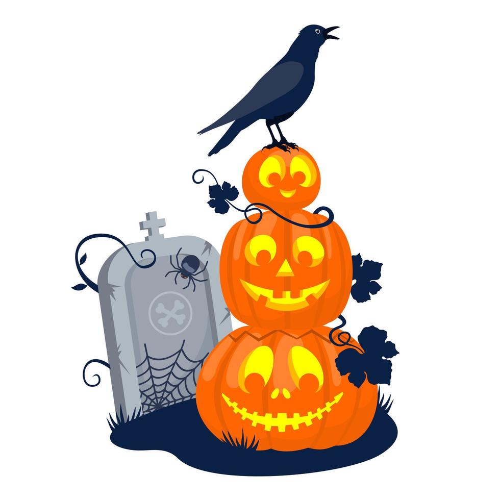 pila de halloween de calabazas riendo con un cuervo cerca de la tumba. vector