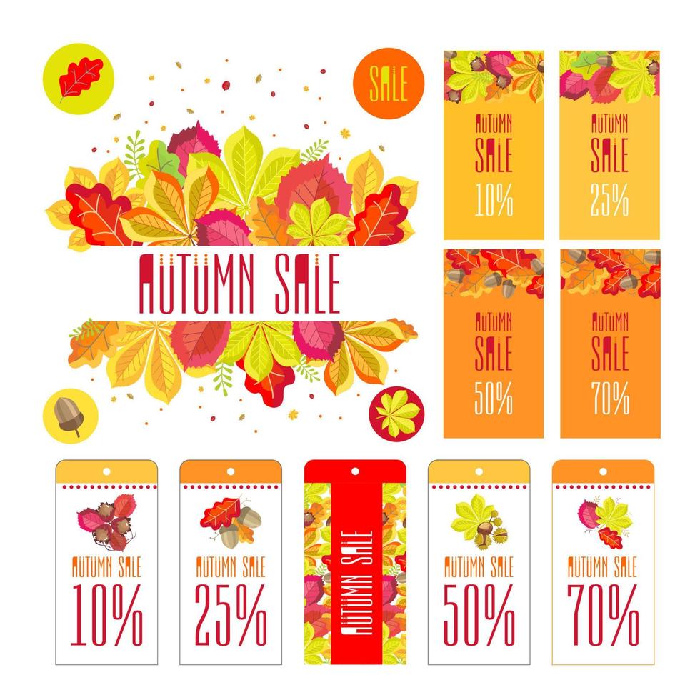 conjunto con venta de otoño de marco con brillantes hojas de otoño de roble, castaño, avellano, bellotas, avellana, castaño de indias, con etiquetas y tarjetas. vector