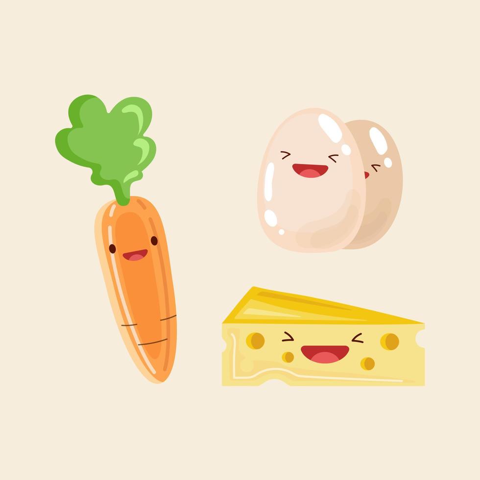 zanahoria, queso y huevos de gallina. lindo icono de vector ilustración. pegatina logos de dibujos animados kawaii. concepto de comida estilo de caricatura plana adecuado para página de inicio web, banner, pegatina, fondo.