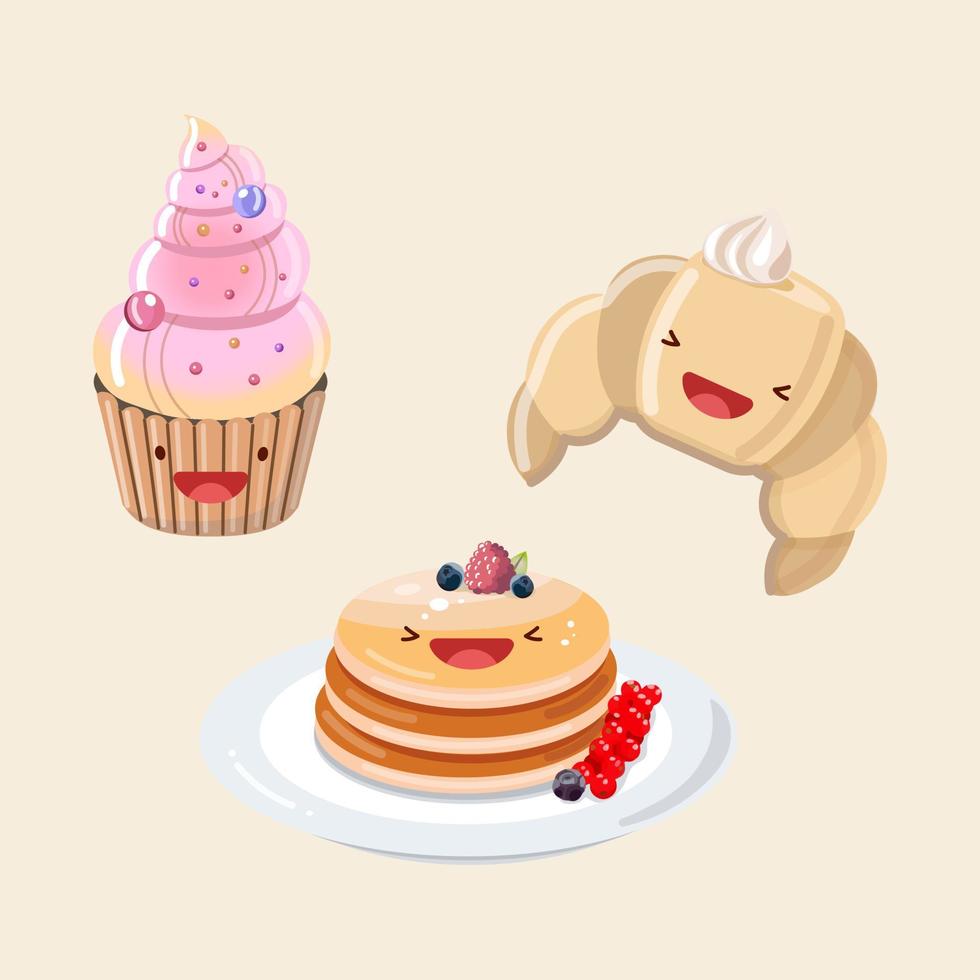 Muffin, croissant, pancakes with syrup and berries. Vector icon cute ...