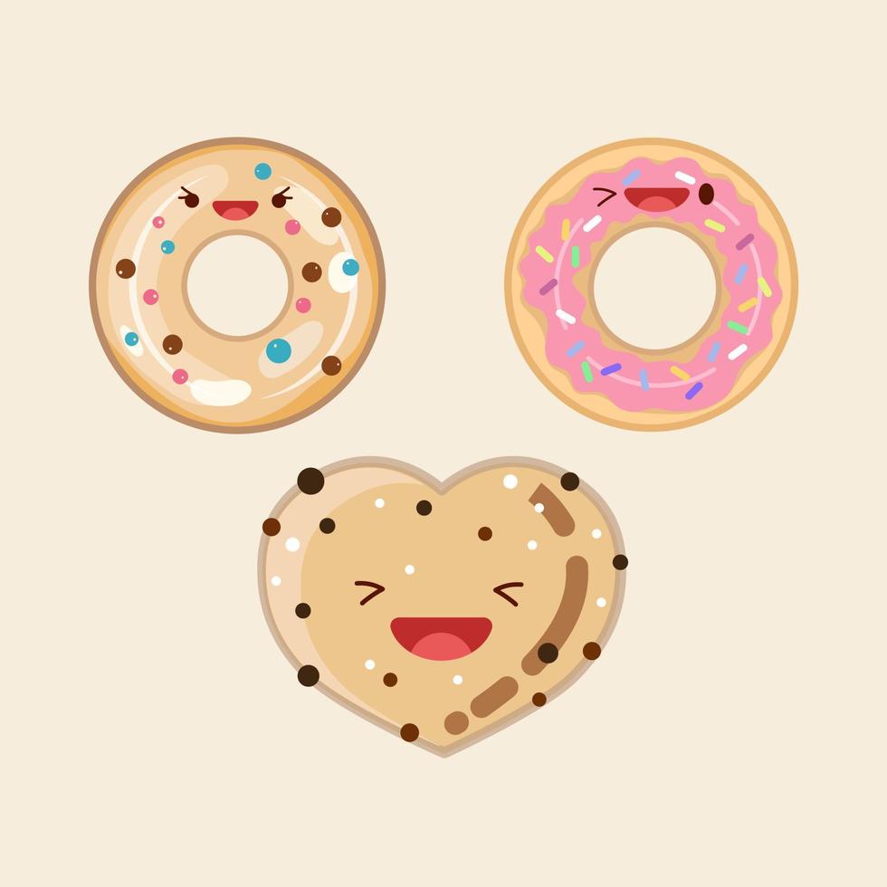 donuts y galletas en forma de corazón. lindo icono de vector ilustración. pegatina logos de dibujos animados kawaii. concepto de comida estilo de caricatura plano adecuado para la página de inicio web, banner, pegatina, fondo.