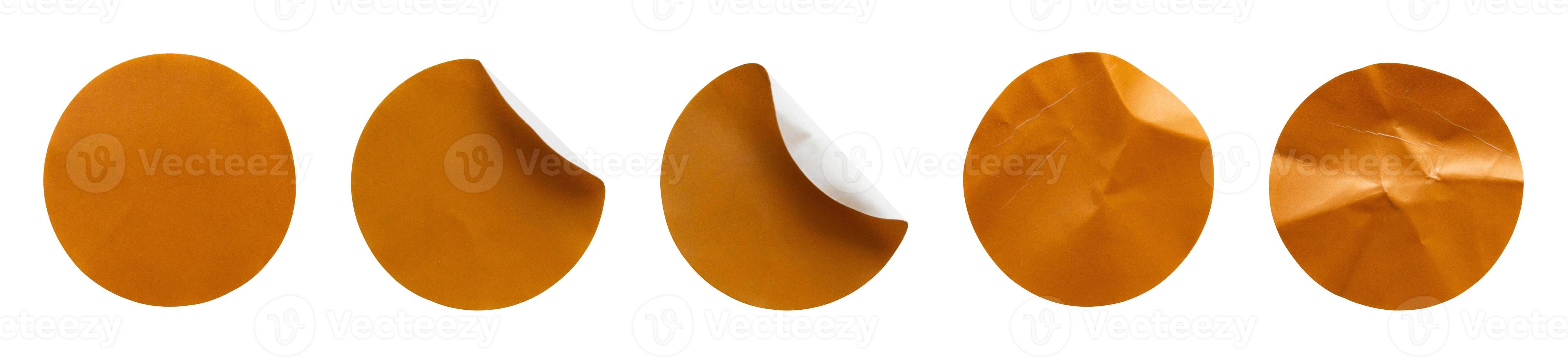 Brown round paper sticker label set isolated on white background photo