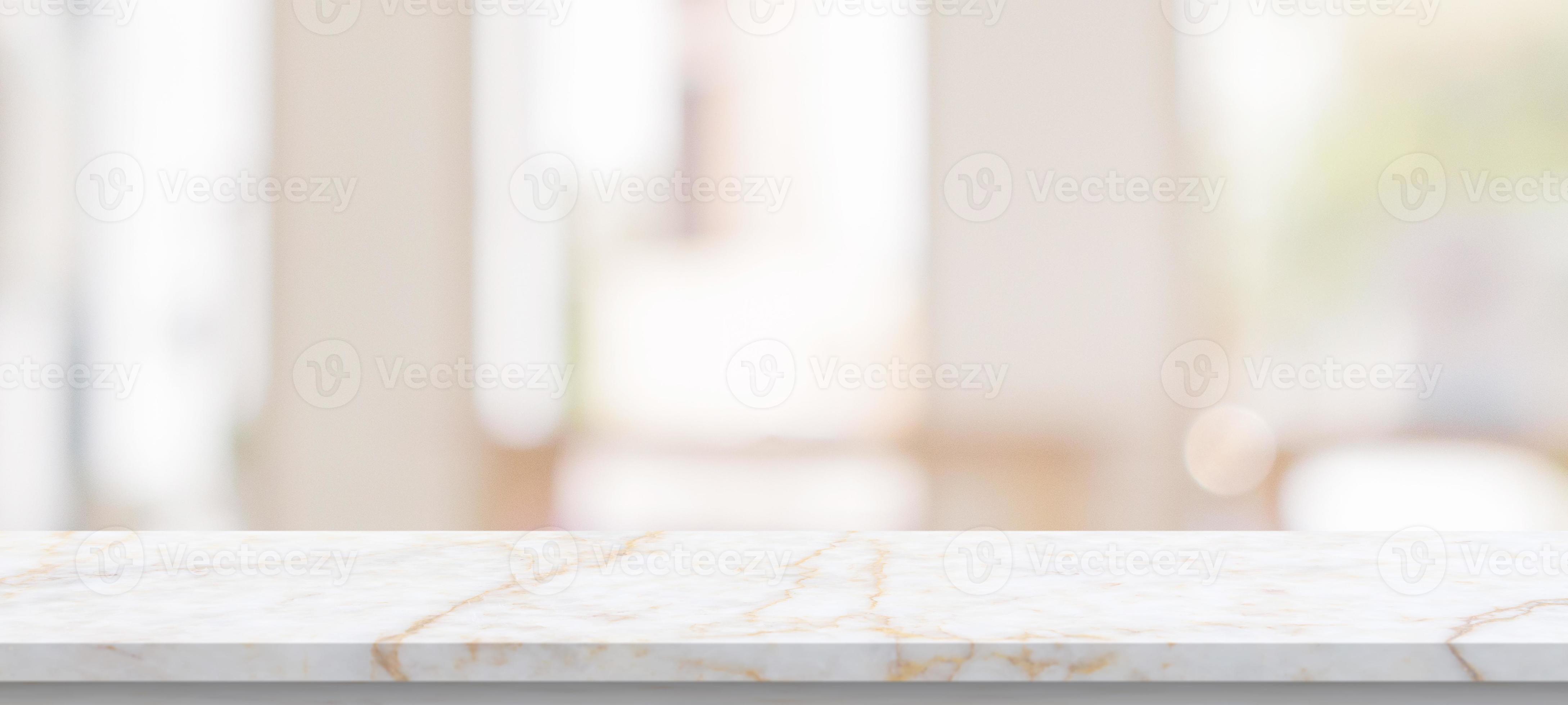 marble table top with blurred kitchen cafe restaurant interior