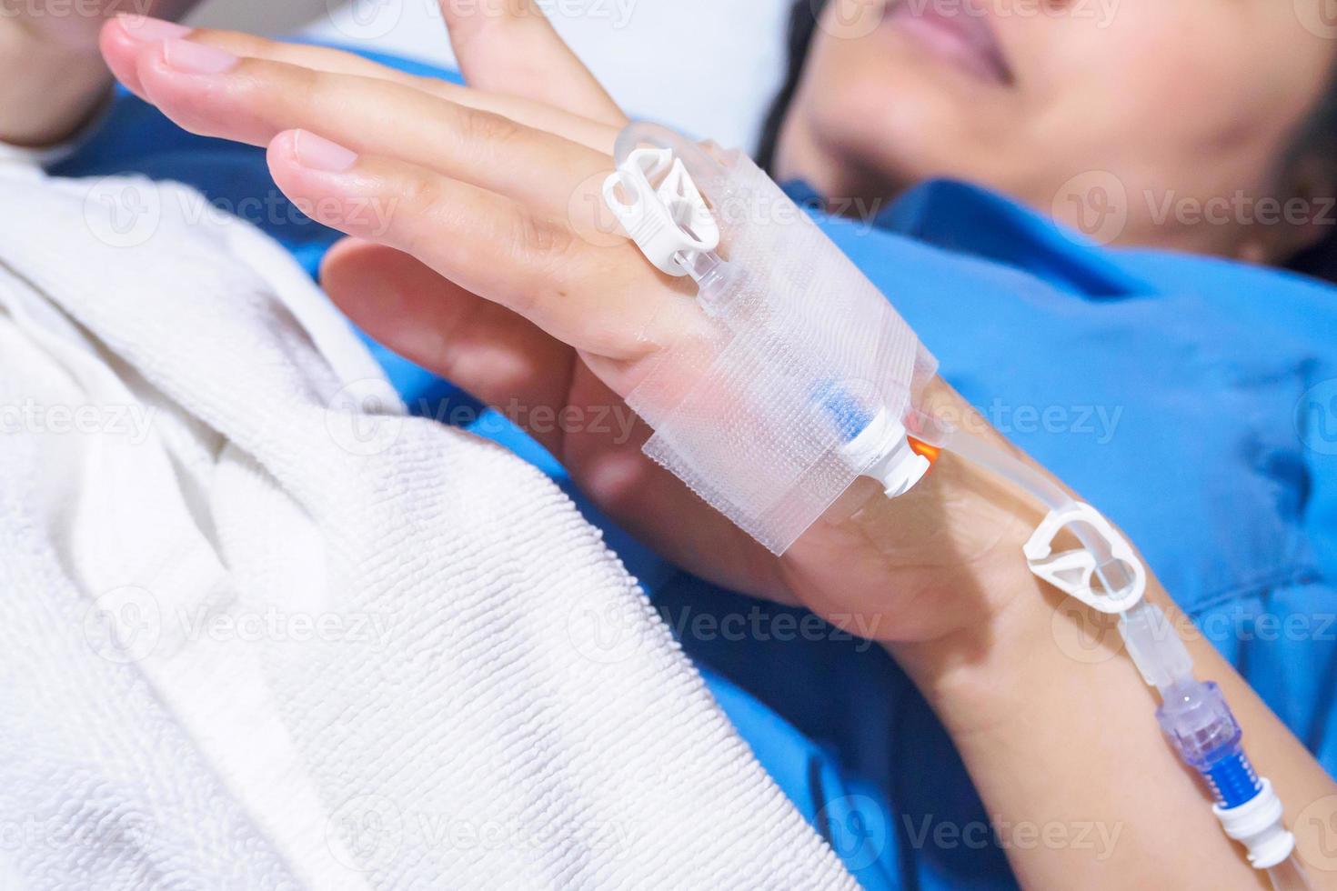 Woman patient lying down In hospital bed photo