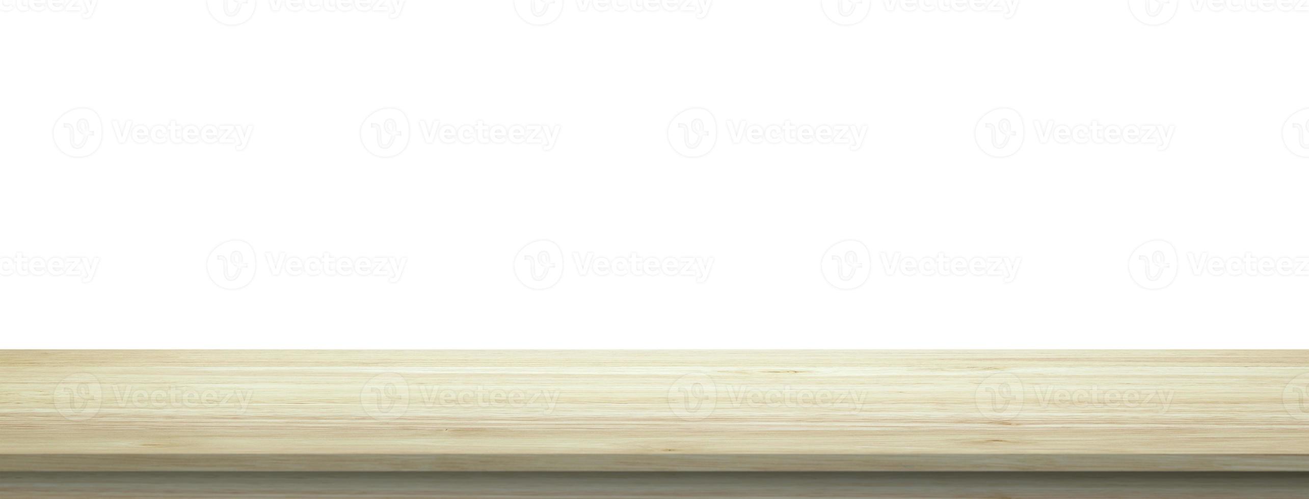 Empty wooden table top isolated on white background for product display montage photo