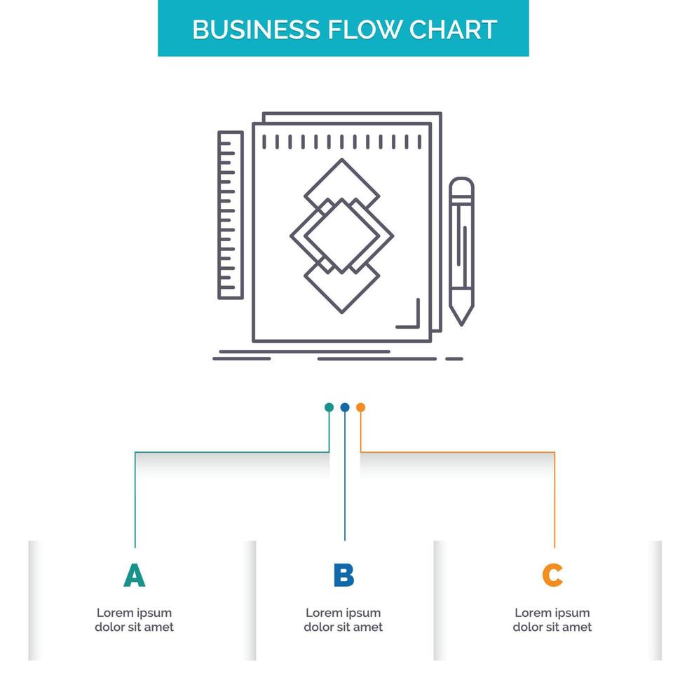 design. Tool. identity. draw. development Business Flow Chart Design with 3 Steps. Line Icon For Presentation Background Template Place for text vector