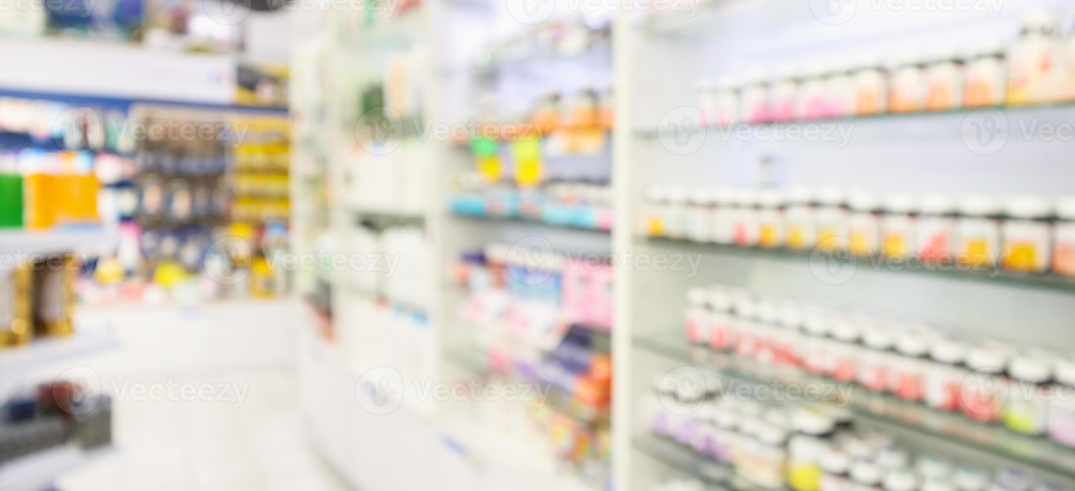 Pharmacy drugstore shelves interior blur medical background 12809971