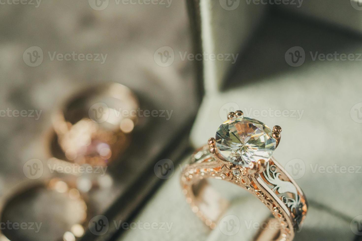 luxury diamond ring in jewelry box vintage style photo