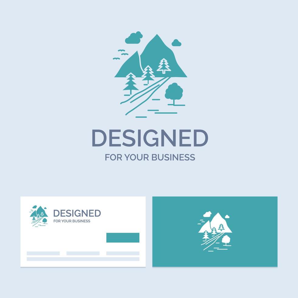 rocas árbol. Cerro. montaña. símbolo de icono de glifo de logotipo de negocio de naturaleza para su negocio. tarjetas de visita turquesas con plantilla de logotipo de marca. vector