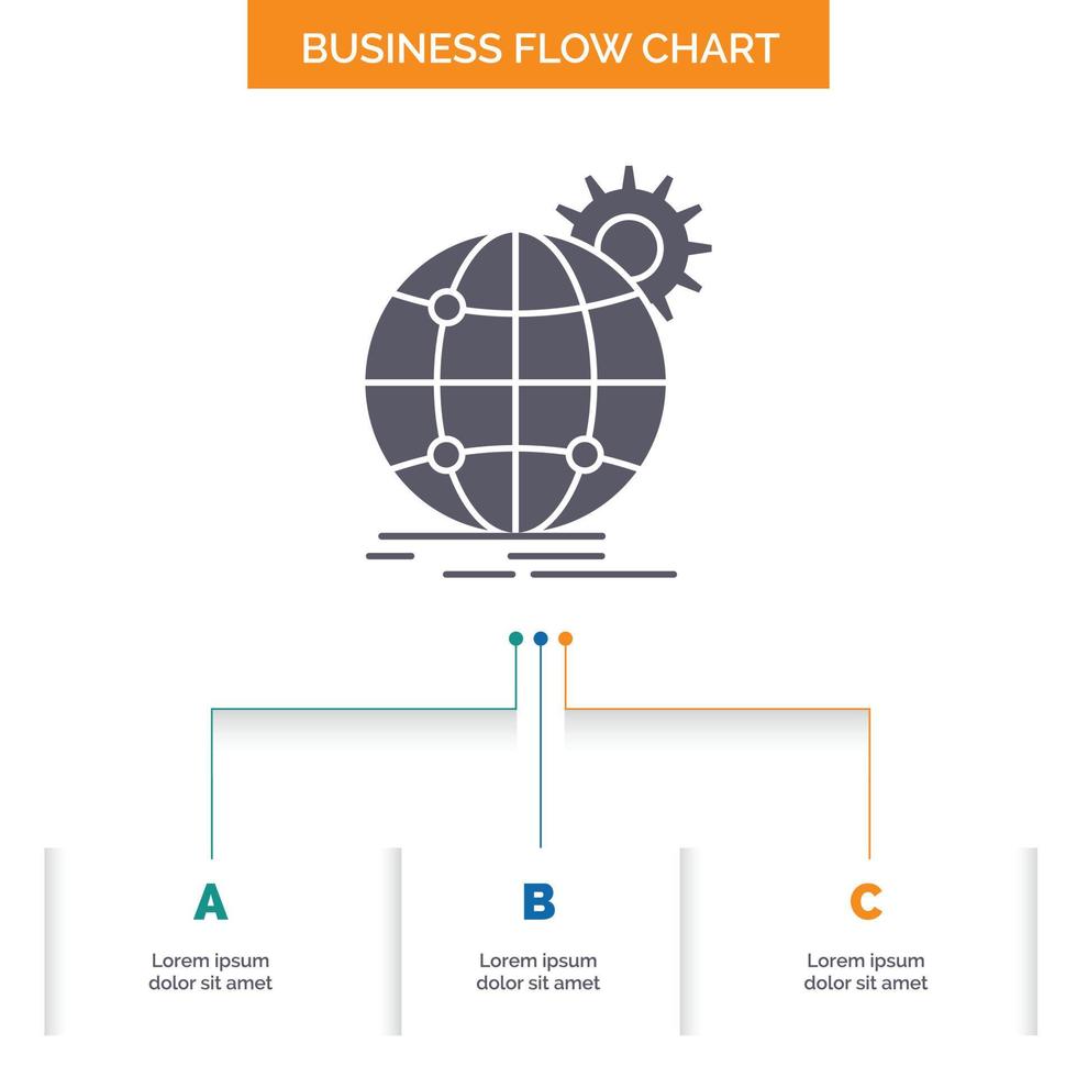 internacional. negocio. globo. en todo el mundo. diseño de diagrama de flujo de negocios de engranajes con 3 pasos. icono de glifo para el lugar de plantilla de fondo de presentación para texto. vector