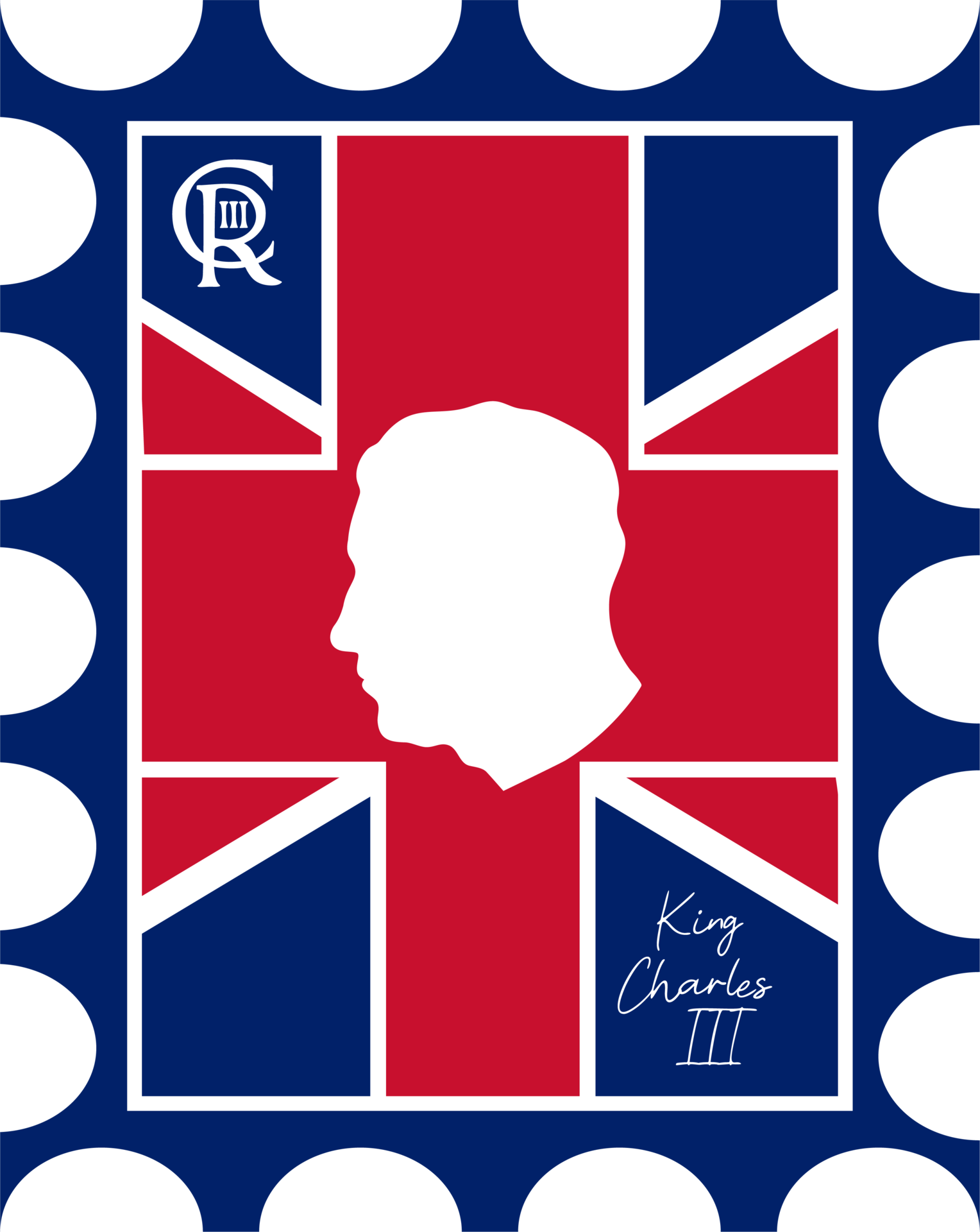 Postage stamp with silhouette of King Charles III on background of