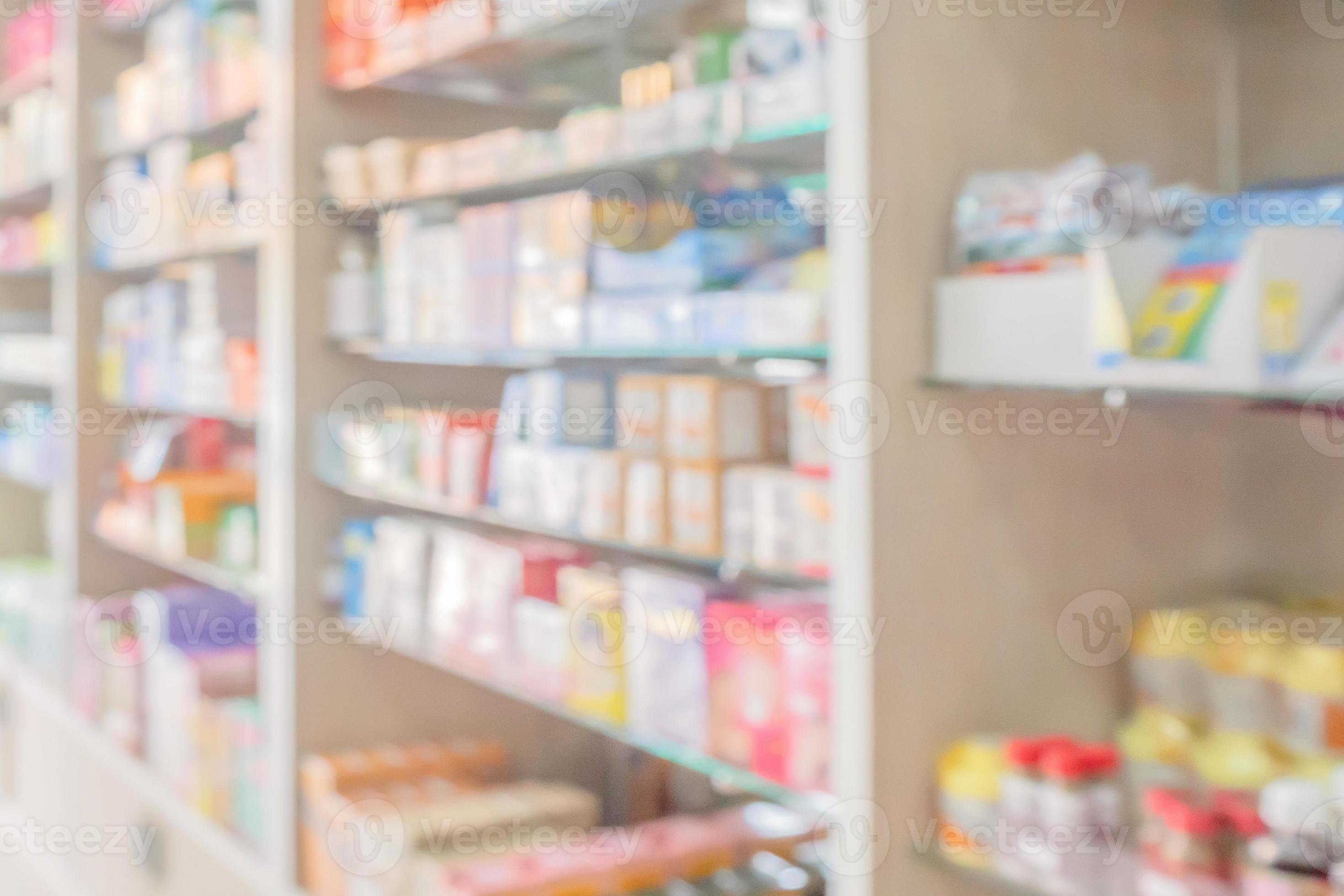 pharmacy drugstore shelves interior blurred abstract background