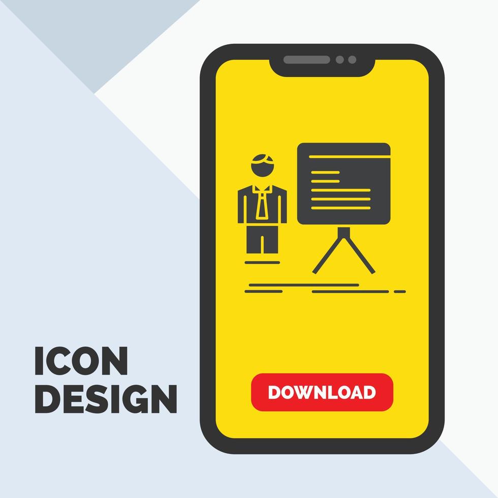 presentation. businessman. chart. graph. progress Glyph Icon in Mobile for Download Page. Yellow Background vector