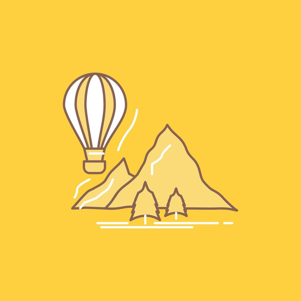 explore. travel. mountains. camping. balloons Flat Line Filled Icon. Beautiful Logo button over yellow background for UI and UX. website or mobile application vector