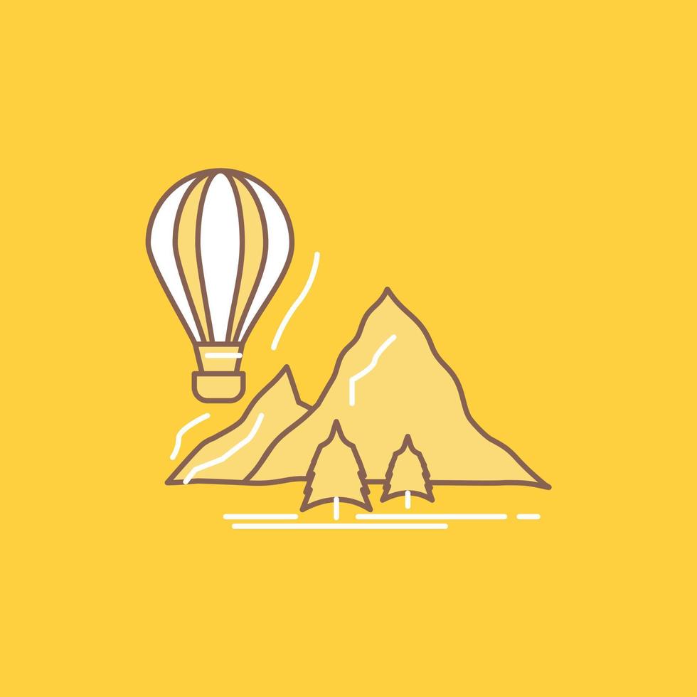 explorar. viajar. montañas. cámping. icono lleno de línea plana de globos. hermoso botón de logotipo sobre fondo amarillo para ui y ux. sitio web o aplicación móvil vector