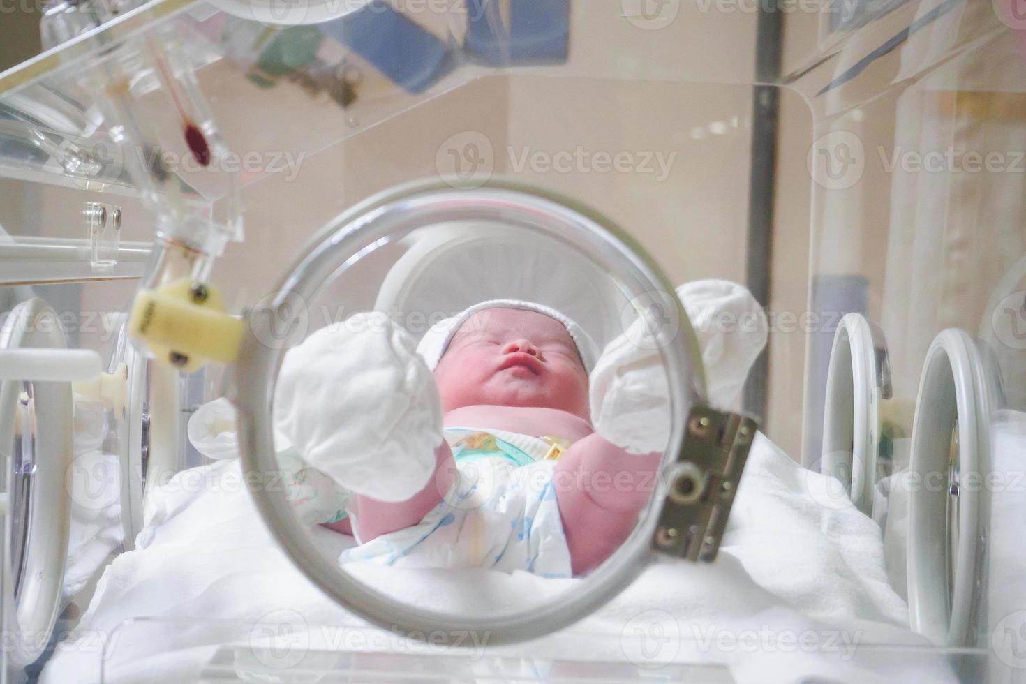 Newborn baby girl inside incubator in hospital post delivery room photo