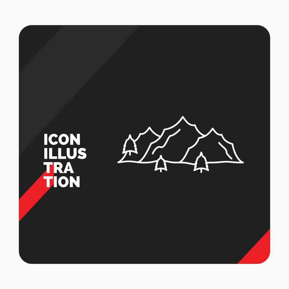 fondo de presentación creativa rojo y negro para la montaña. paisaje. Cerro. naturaleza. icono de línea de árbol vector