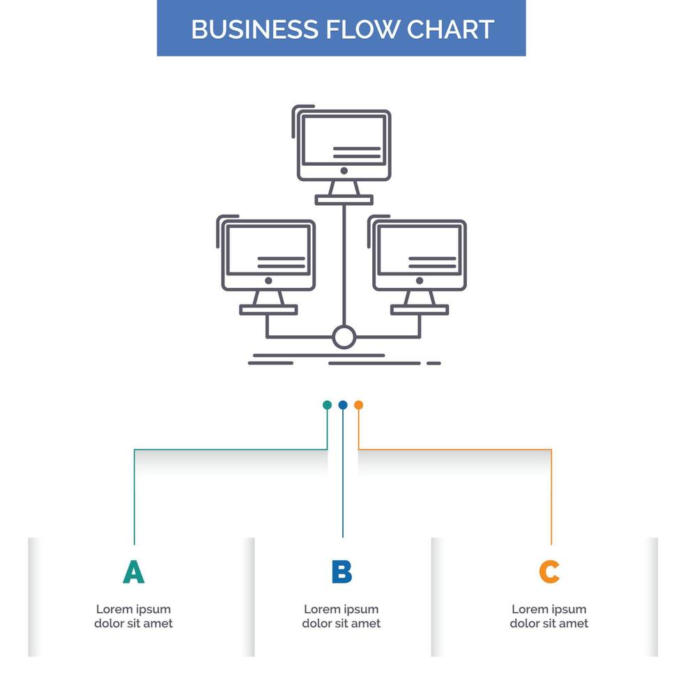 base de datos. repartido. conexión. la red. diseño de diagrama de flujo de negocios informáticos con 3 pasos. icono de línea para el lugar de plantilla de fondo de presentación para texto vector