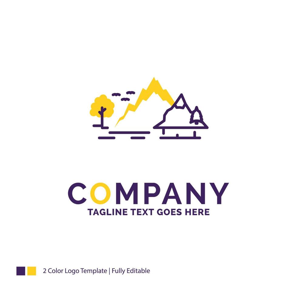 diseño de logotipo de nombre de empresa para colina, paisaje, naturaleza, montaña, árbol. diseño de marca púrpura y amarillo con lugar para eslogan. vector