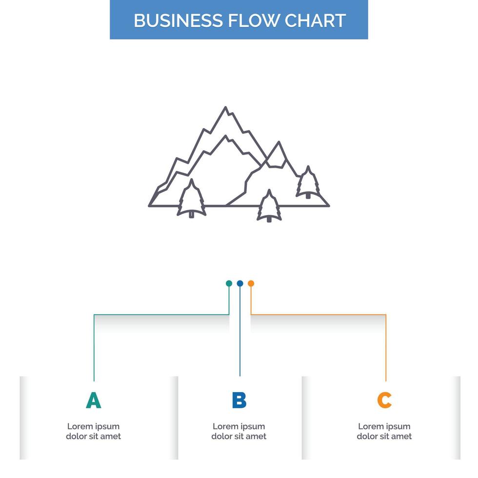 mountain. landscape. hill. nature. tree Business Flow Chart Design with 3 Steps. Line Icon For Presentation Background Template Place for text vector