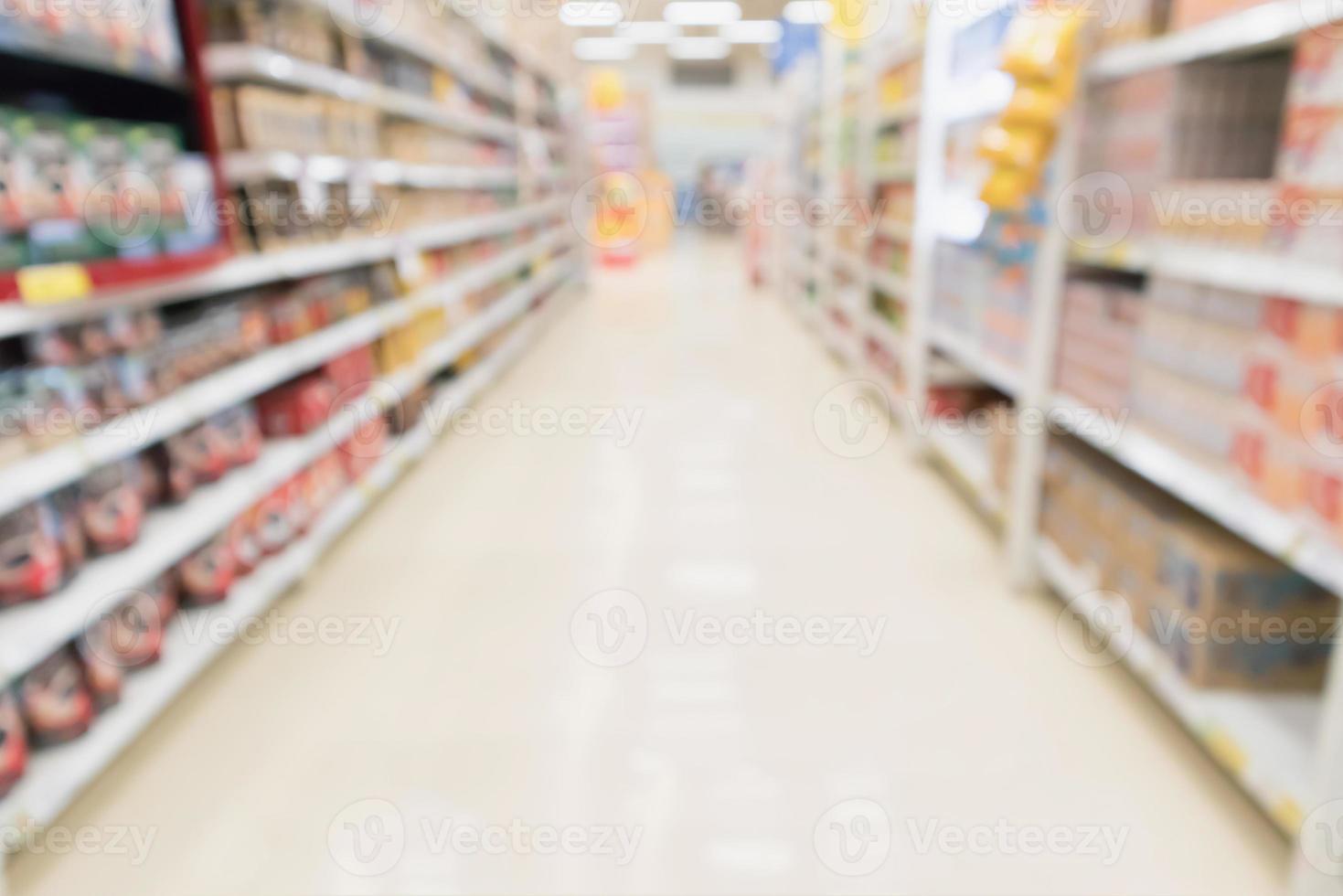 Abstract blur supermarket discount store aisle and product shelves interior defocused background photo