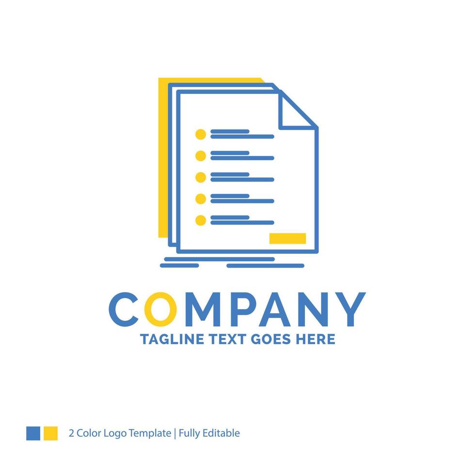 Check. filing. list. listing. registration Blue Yellow Business Logo template. Creative Design Template Place for Tagline. vector