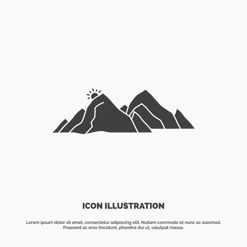 montaña, paisaje, colina, naturaleza, icono de escena. símbolo gris vectorial de glifo para ui y ux, sitio web o aplicación móvil vector