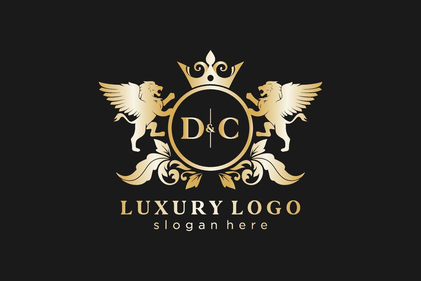 plantilla de logotipo de lujo real de león de letra dc inicial en arte vectorial para restaurante, realeza, boutique, cafetería, hotel, heráldica, joyería, moda y otras ilustraciones vectoriales. vector