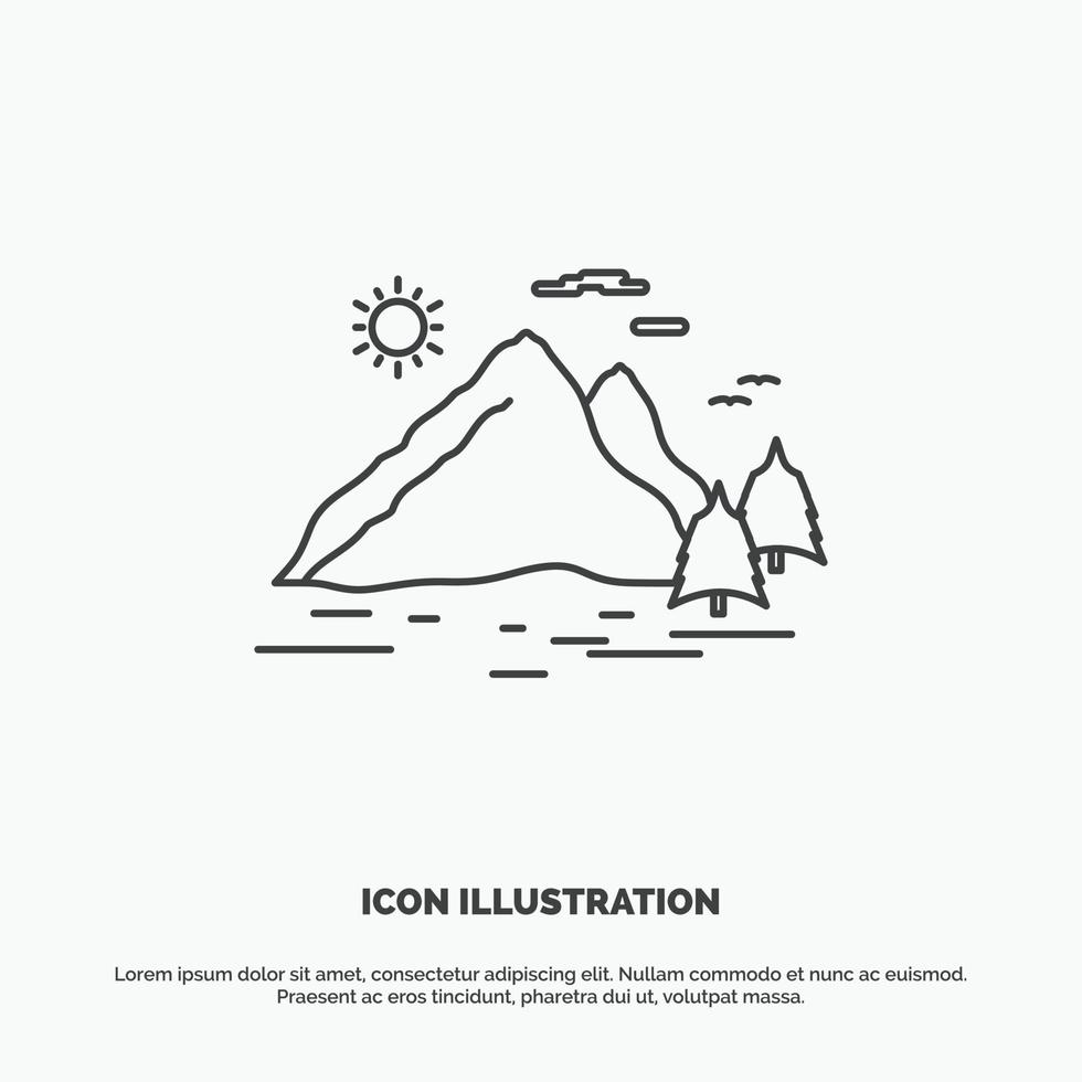 naturaleza. Cerro. paisaje. montaña. icono del sol. símbolo gris vectorial de línea para ui y ux. sitio web o aplicación móvil vector