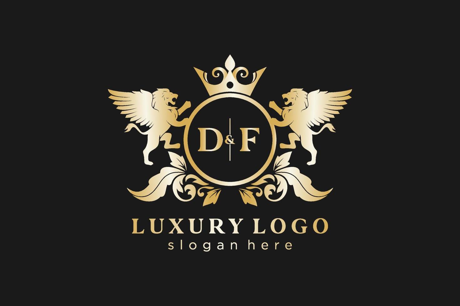 Initial DF Letter Lion Royal Luxury Logo template in vector art for Restaurant, Royalty, Boutique, Cafe, Hotel, Heraldic, Jewelry, Fashion and other vector illustration.