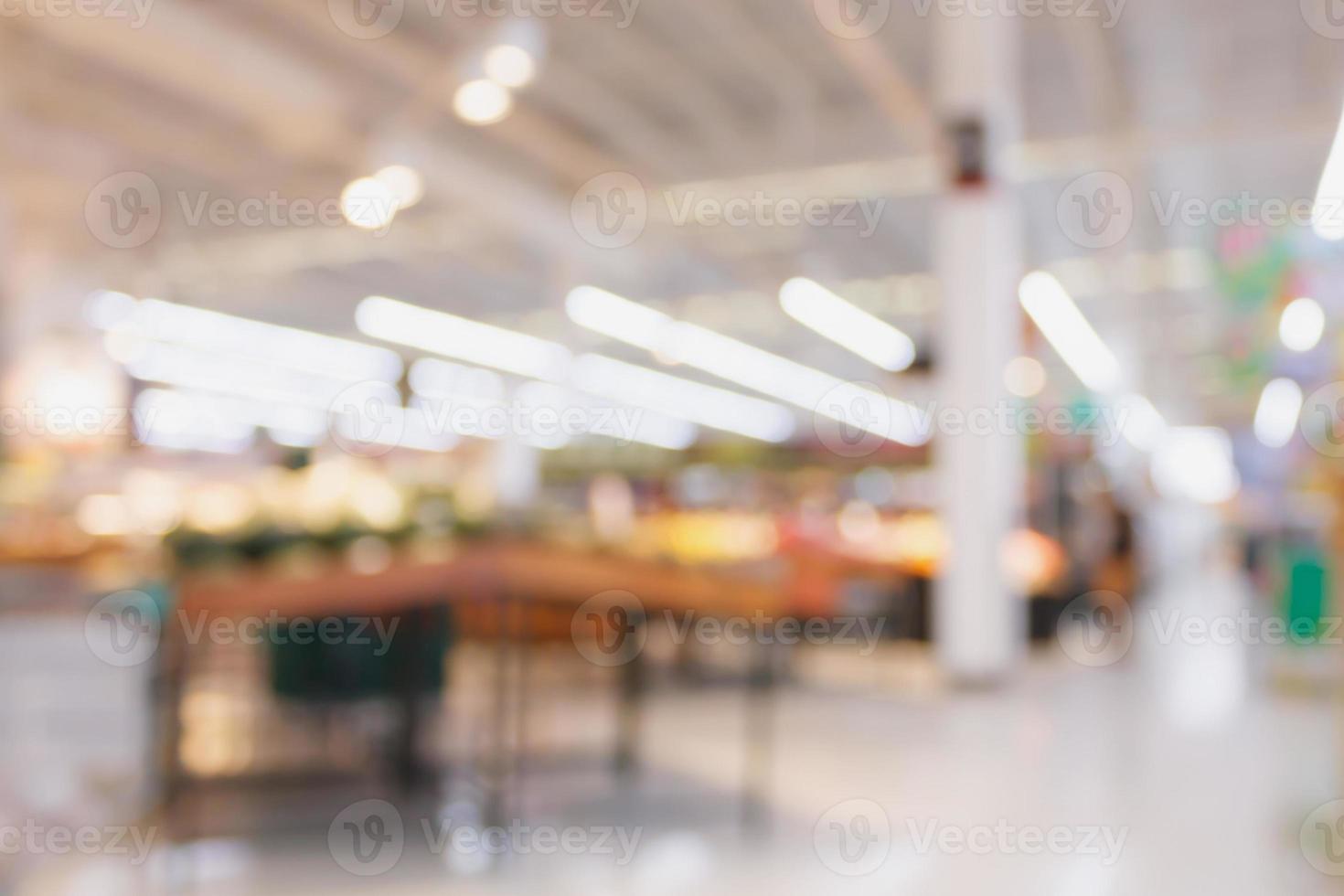 Supermarket with fresh food abstract blurred background with bokeh light photo