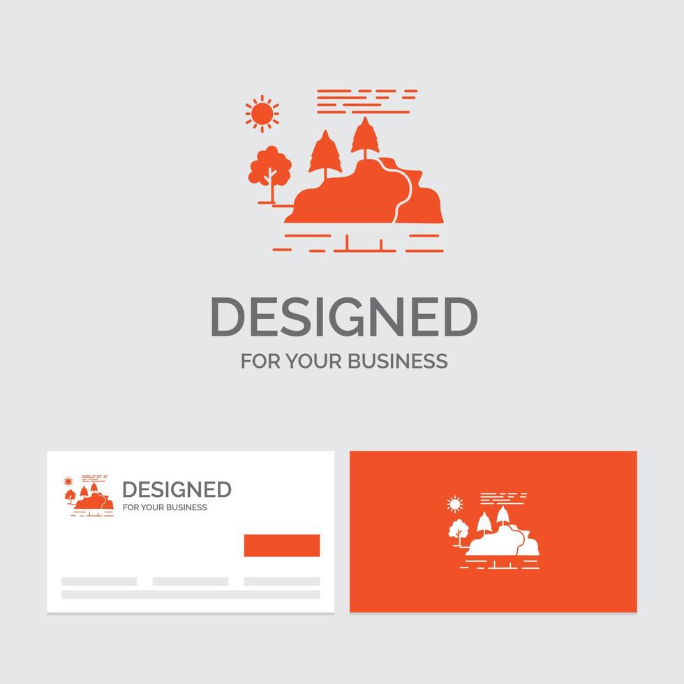 Business logo template for hill. landscape. nature. mountain. rain. Orange Visiting Cards with Brand logo template. vector